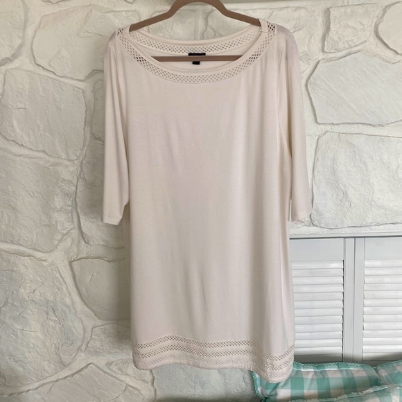 J. Jill Tops - J Jill Creamy White top with lattice trim at neckline and hemline short sleeve